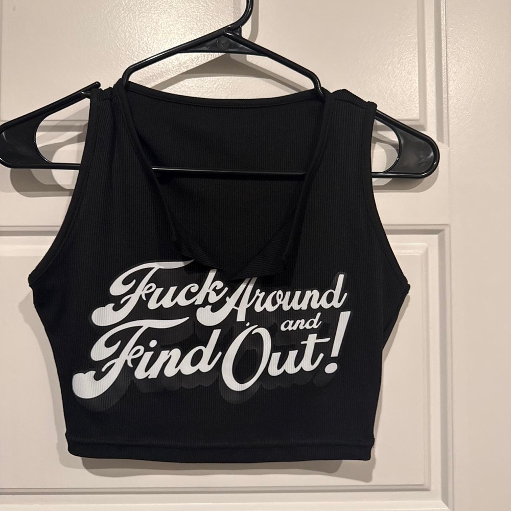 SHEIN Black Ribbed Graphic Crop Tank with White Script